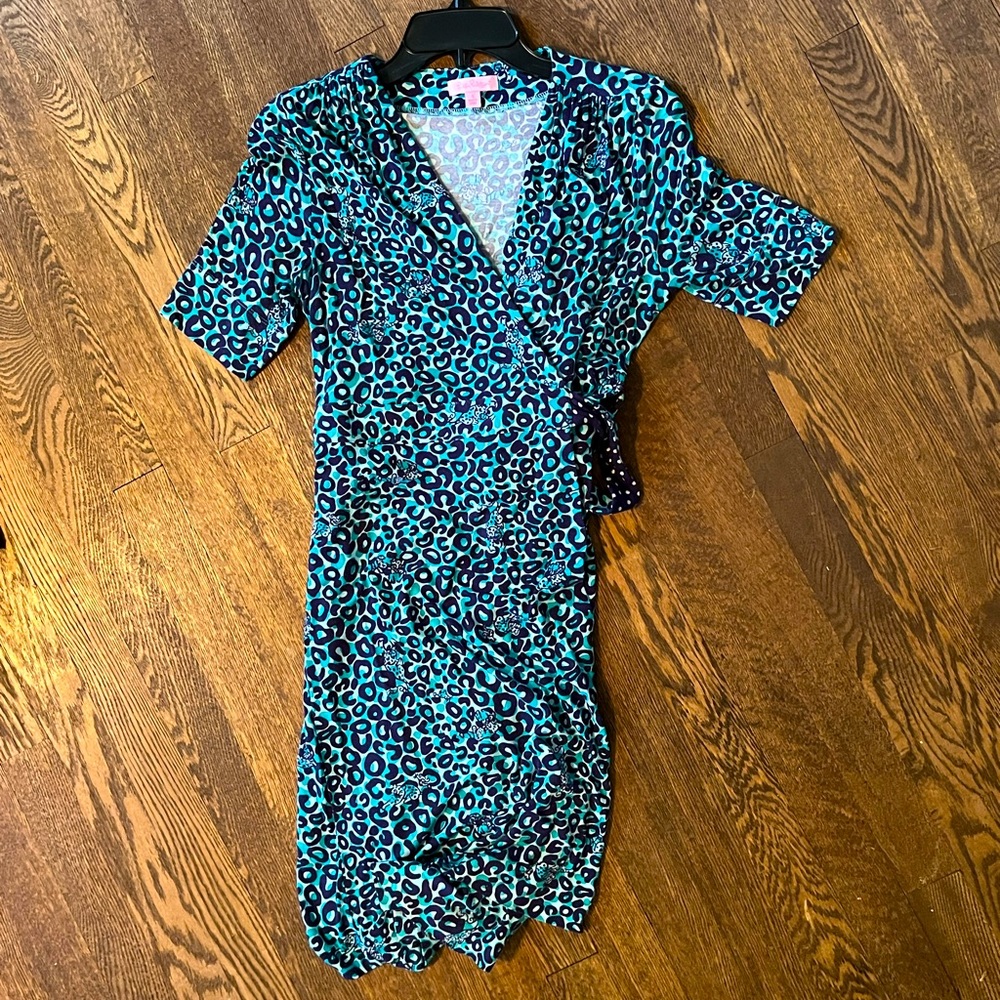 Lilly Pulitzer Adalie Wrap Dress Small Blue Animal Print